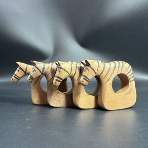Vintage Wood Zebra Napkin Rings Set 4 Hand Carved Philippine Safari Table Decor